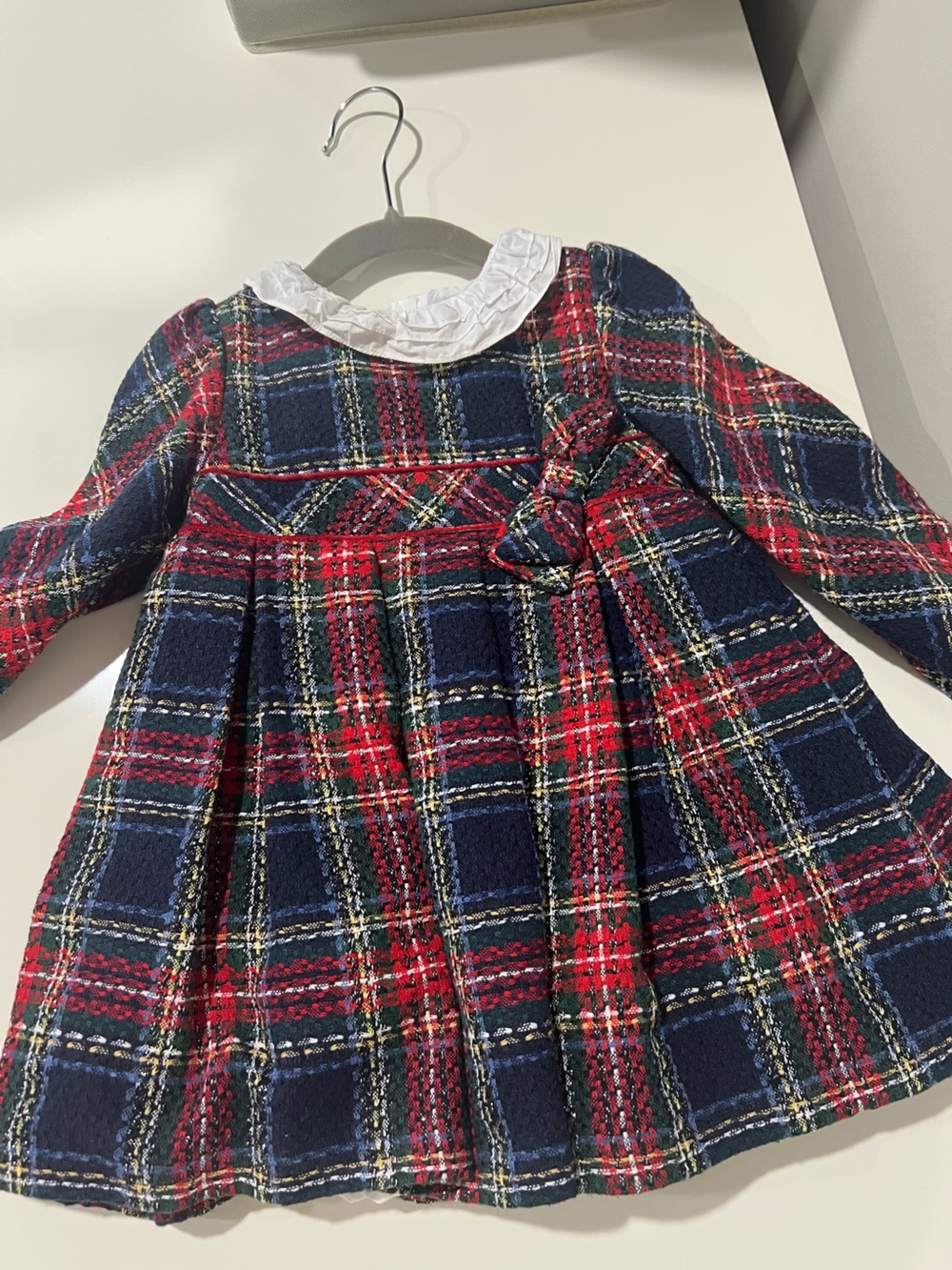 Girls Mayoral Navy, Red and White Plaid Holiday Dress with Bow - 3t